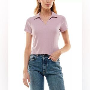 ULTRA FLIRT Ribbed Polo T-Shirt Juniors' M Pink Dawn Collared V-neck Pullover